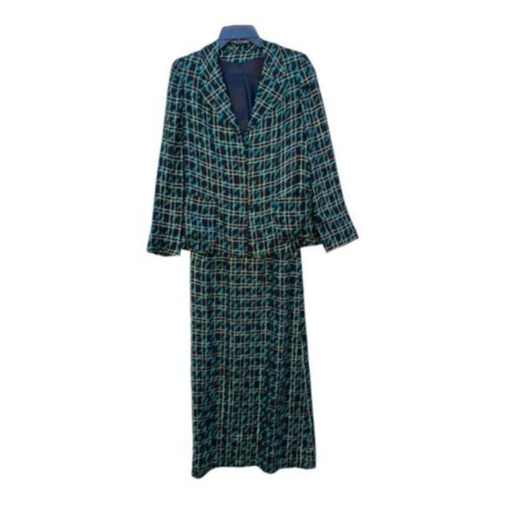 Vtg C Capriotti for The General Store Plaid Tweed 2 Pc Skirt Suit Set Teal Green
